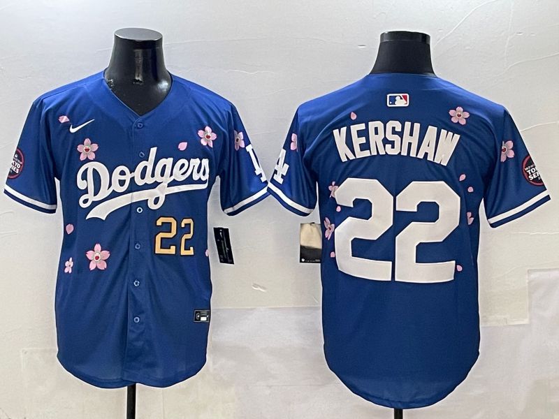 Men Los Angeles Dodgers #22 Kershaw Blue Sakura Edition 2025 Nike MLB Jersey style 3